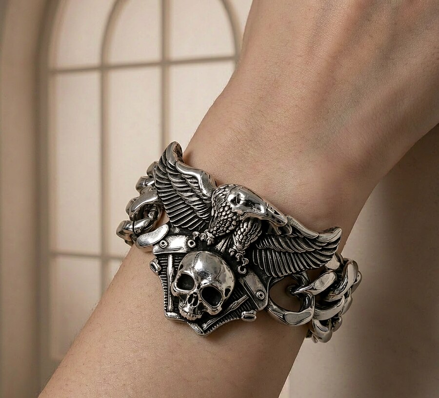 Eagle Skull Biker Bracelet on a wrist — 316L stainless steel