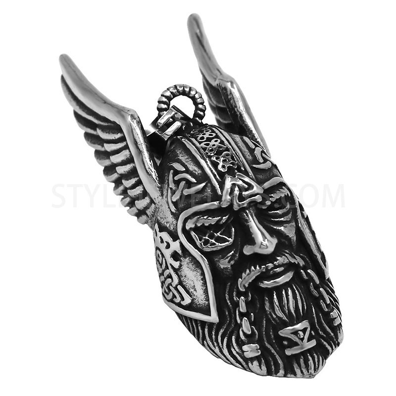 Antiqued Stainless Steel Winged Helmet Bearded Figure Pendant, Nordic\u2011Style Carved Charm SWP0697
