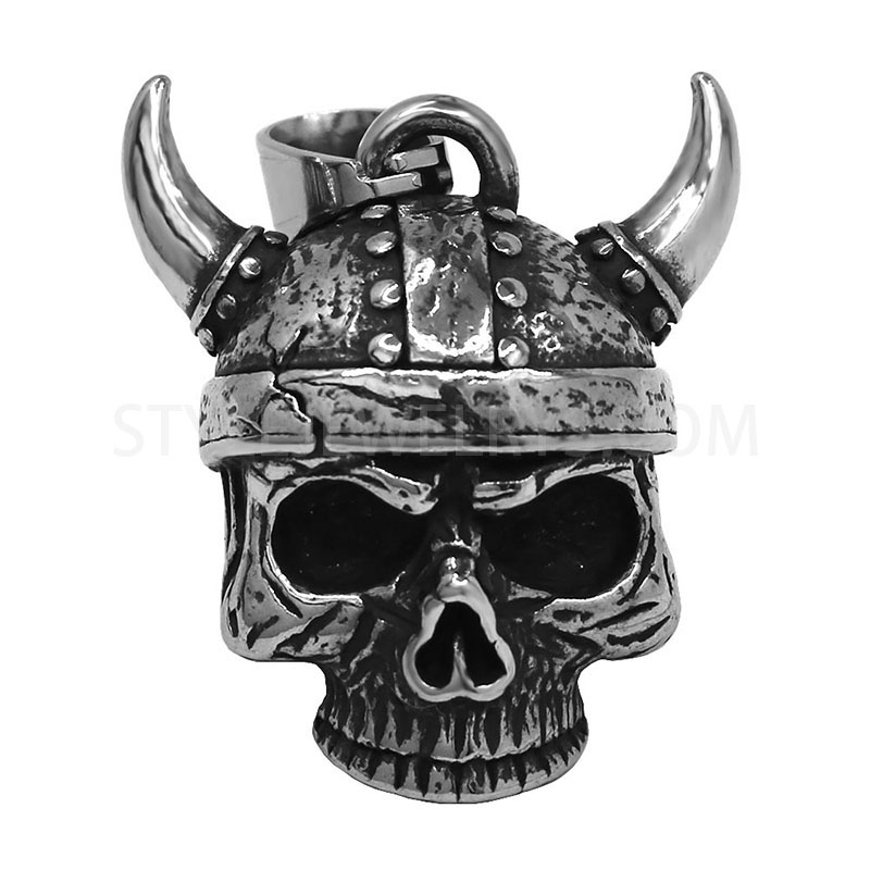 Antiqued Stainless Steel Skull With Horned Helmet Bell Pendant