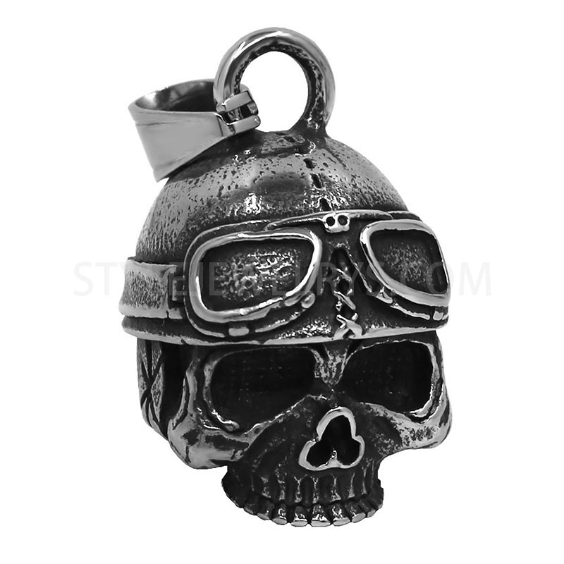 Stainless Steel Skull With Riding Helmet & Goggles Bell Pendant
