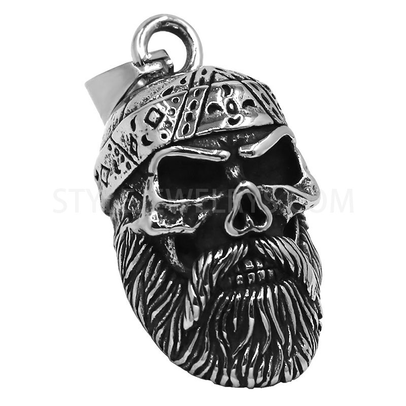 Antiqued Stainless Steel Bearded Skull With Patterned Headband Bell Pendant