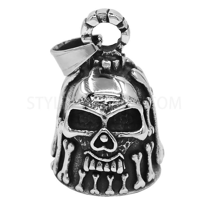Antiqued Stainless Steel Skull & Bone Pattern Bell Pendant SWP0711