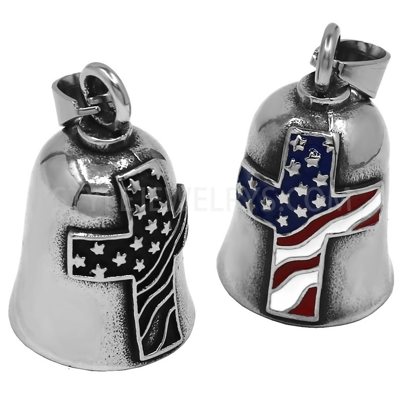 Antiqued Stainless Steel Cross With Star\u2011Stripe Pattern Bell Pendant