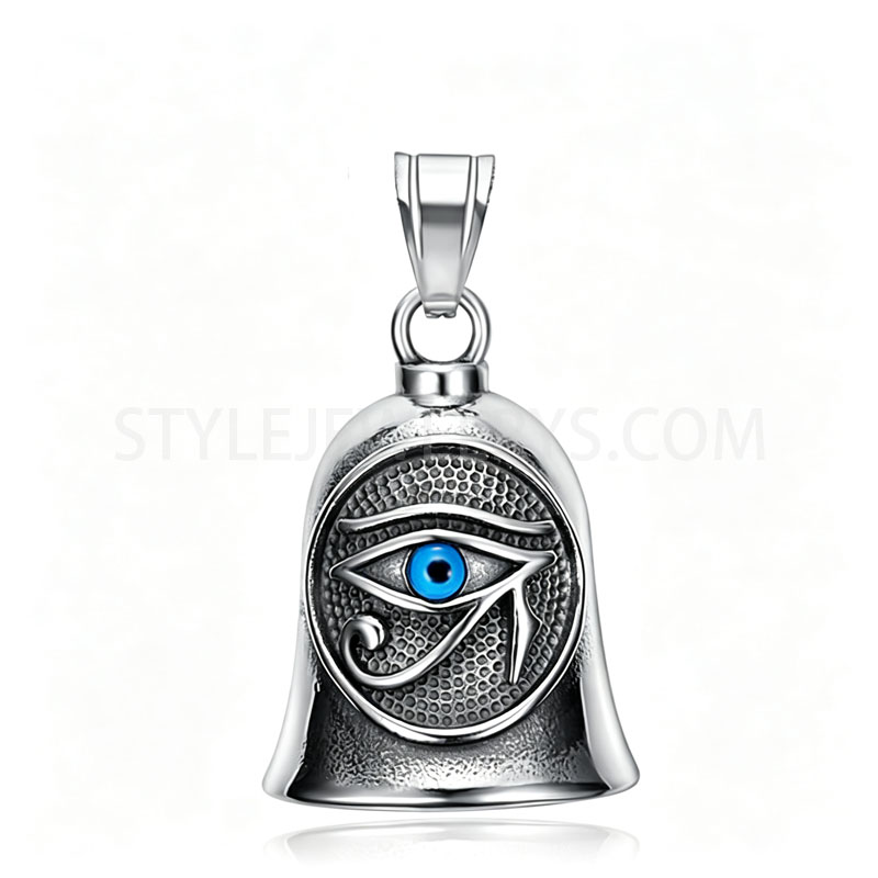 Antique Silver Tone Stainless Steel Bell Pendant With Inlaid Blue Eye Symbol Charm For...