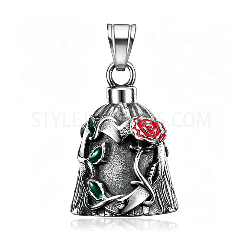 Antique Silver Tone Stainless Steel Bell Pendant With Enamel Red Rose & Green Leaf...