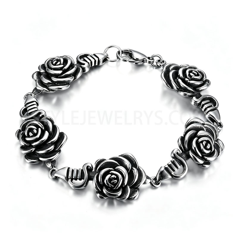 Antique Silver Tone 316L Stainless Steel Link Bracelet With Sculpted Rose Flower...