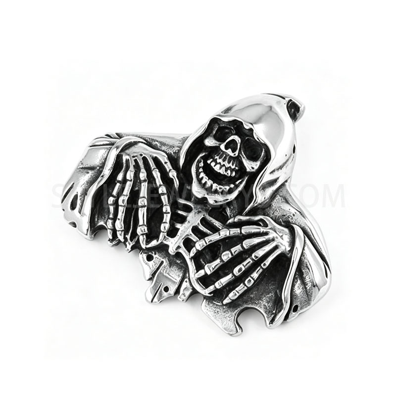 Polished Antique Stainless Steel Hooded Skeleton Skull Pendant, Gothic Biker Men...