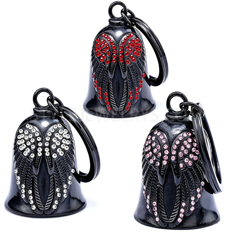 Black Tone Stainless Steel Bell Charm With Crystal\u2011Inlaid Wing Pattern,...