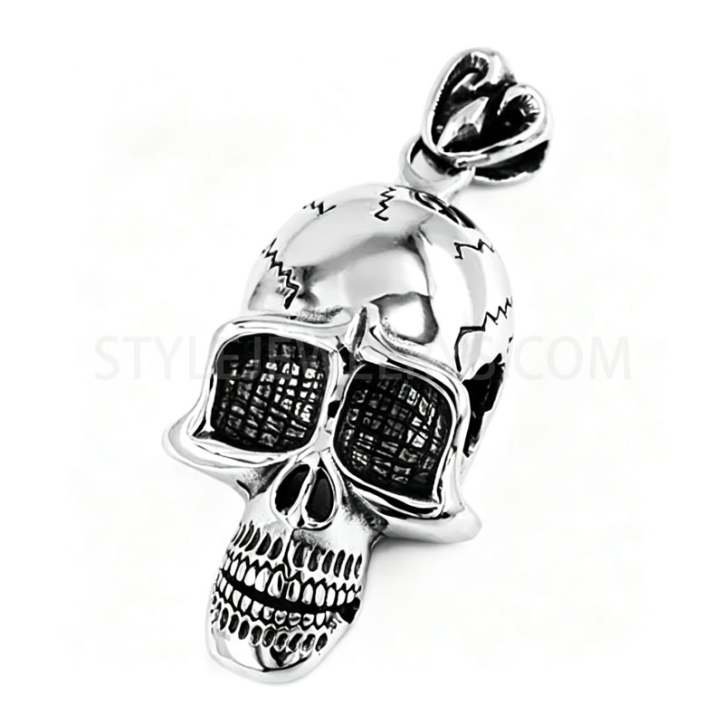 Stainless Steel Crack\u2011Pattern Skull Pendant, Gothic Biker Men Necklace Charm With...