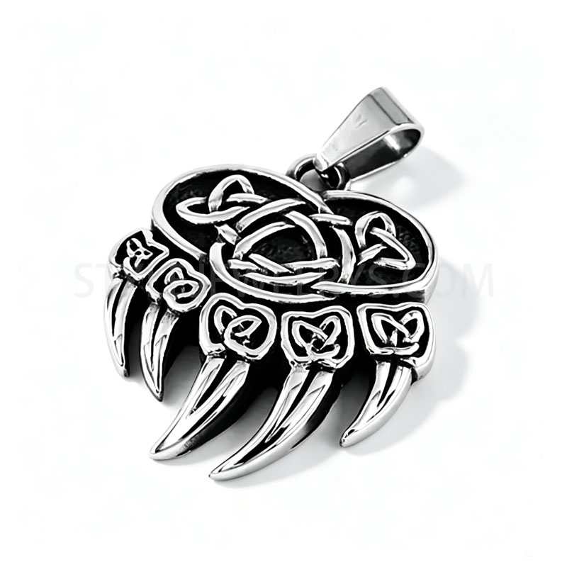 Stainless Steel Bear Claw Pendant With Embossed Celtic Knot Pattern, Vintage Nordic...