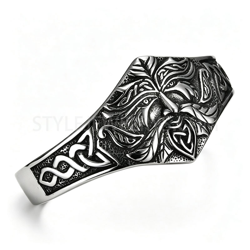 Stainless Steel Green Man Cuff Bracelet, Embossed Celtic Knot Tree Spirit Open Bangle...