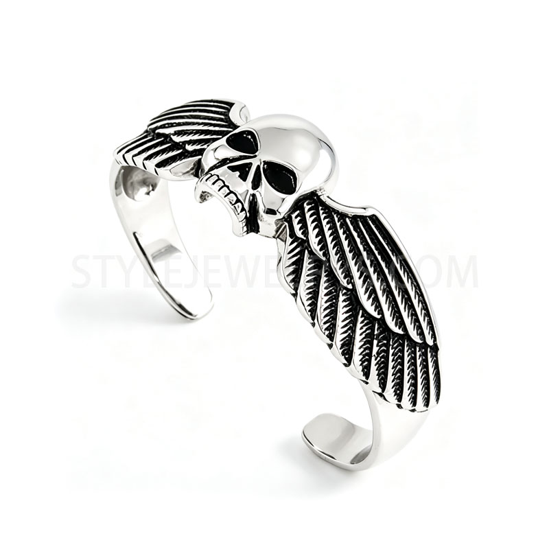 Stainless Steel Skull With Wings Open Cuff Bracelet, Gothic Punk Biker Bangle For Men SJB0002