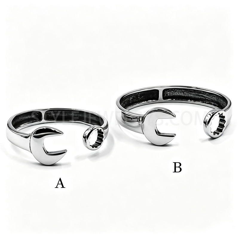 Stainless Steel Wrench Design Open Cuff Bracelet, Mechanic Style Adjustable Bangle...