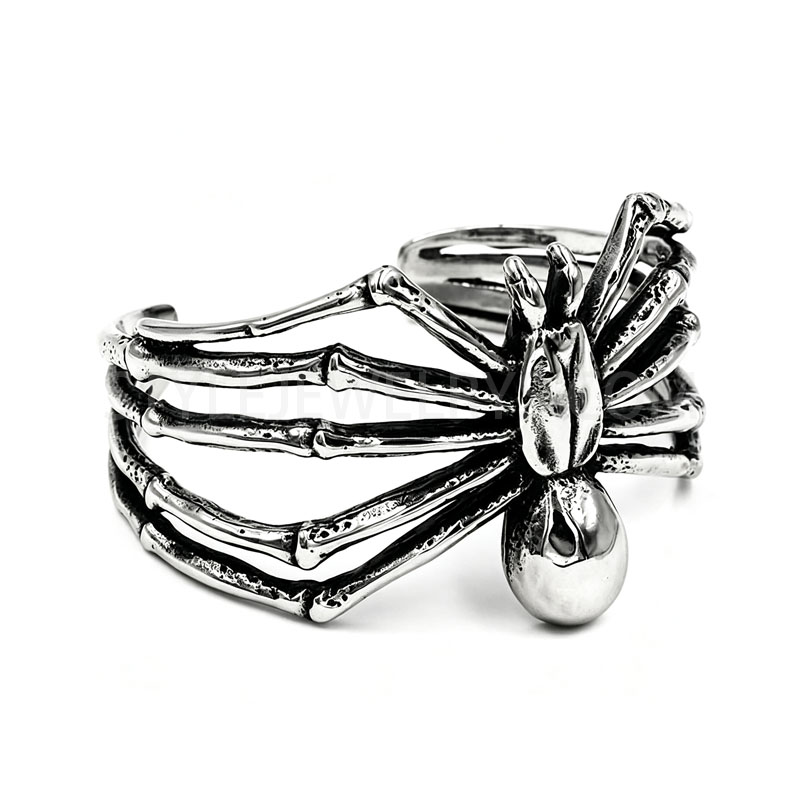 Antique Textured Stainless Steel 3D Spider Open Cuff Bracelet, Gothic Punk Adjustable...