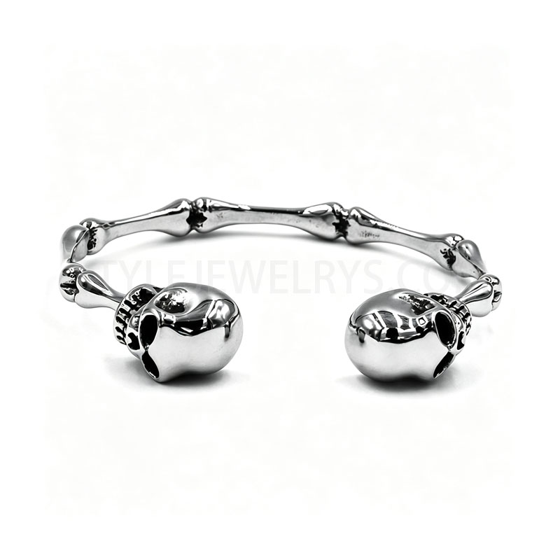 Polished 316L Stainless Steel Double Skull Bone Link Adjustable Open Cuff Bracelet...