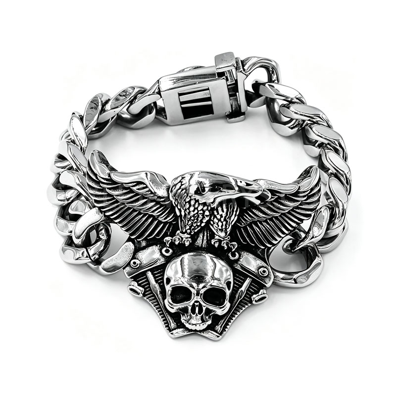 Antique Oxidized 316L Stainless Steel Eagle Skull Thick Cuban Link Chain Bracelet,...