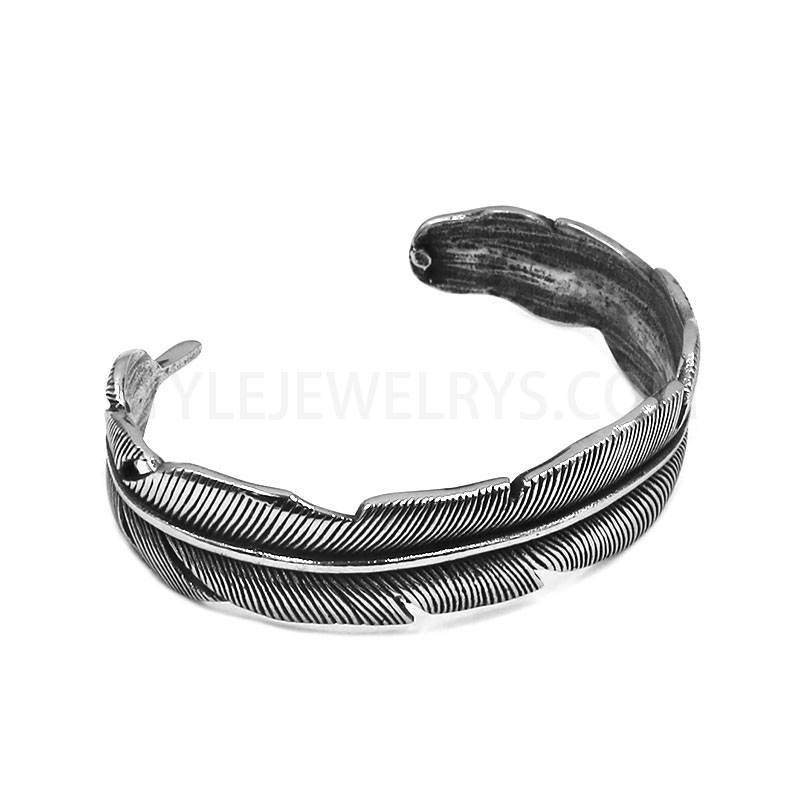 Vintage Oxidized 316L Stainless Steel Double Feather Adjustable Open Cuff Bangle Retro...
