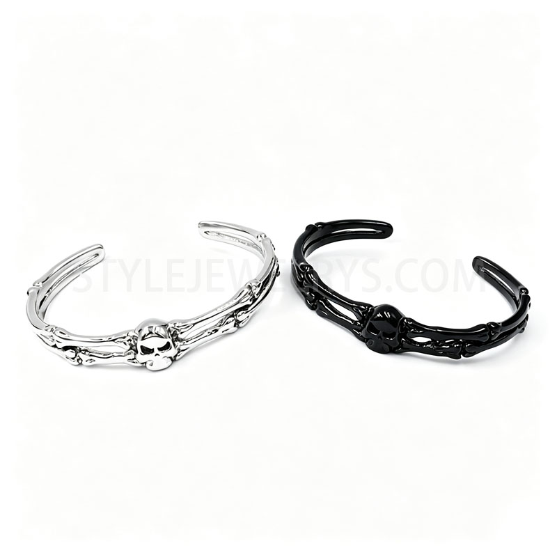 316L Stainless Steel Skull Skeleton Bone Adjustable Open Cuff Bangle, Gothic Punk Rock...