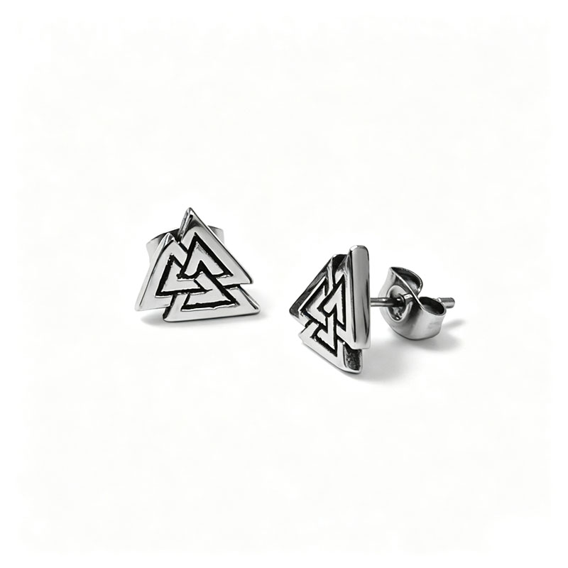 Valknut Interlocked Triangle Symbol 316L Stainless Steel Stud Earrings Antique Silver Vintage Nordic Pagan Symbol Ear Studs for Men SJE370002