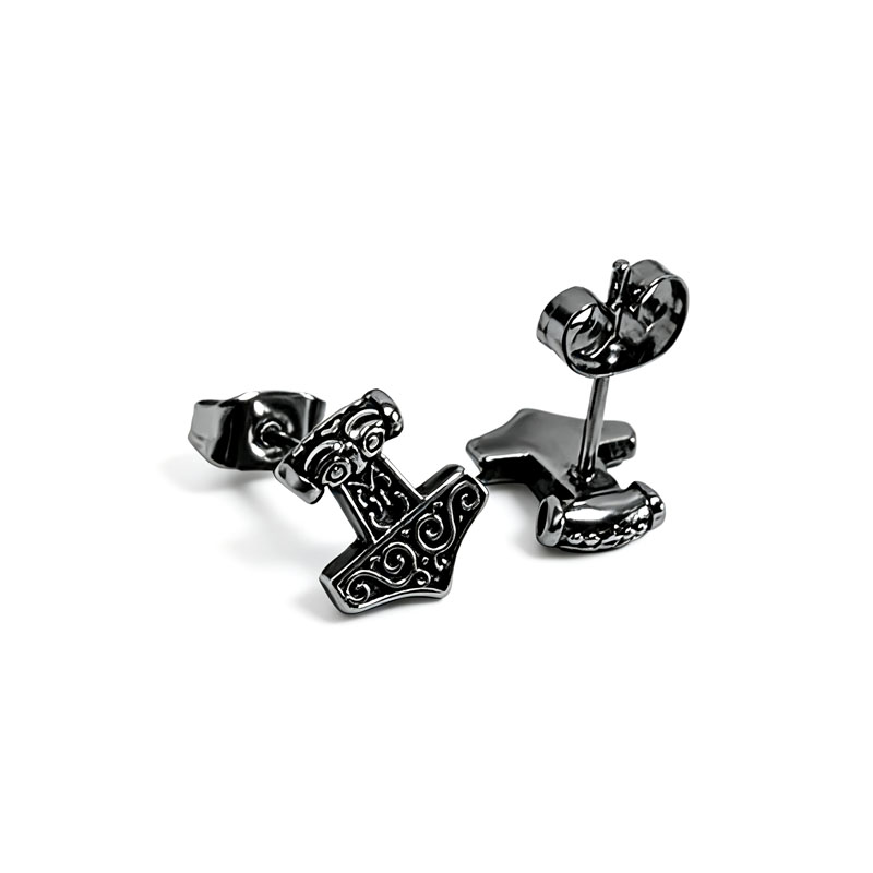 Black Plated Engraved Norse Viking Hammer 316L Stainless Steel Stud Earrings Vintage...