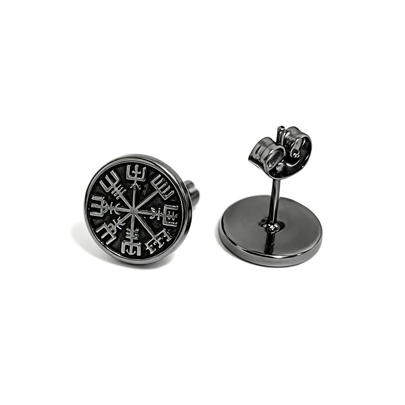 Norse Vegvisir Rune Compass Round 316L Stainless Steel Stud Earrings Vintage Gothic...