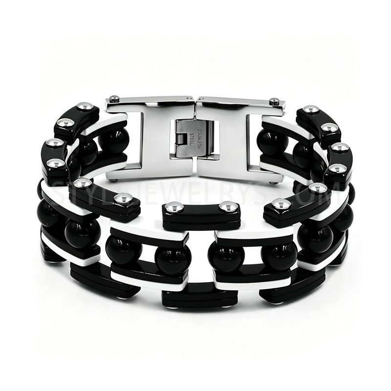 Double Layer Beaded Motorcycle Chain 316L Stainless Steel Biker Bracelet Punk Hip Hop...