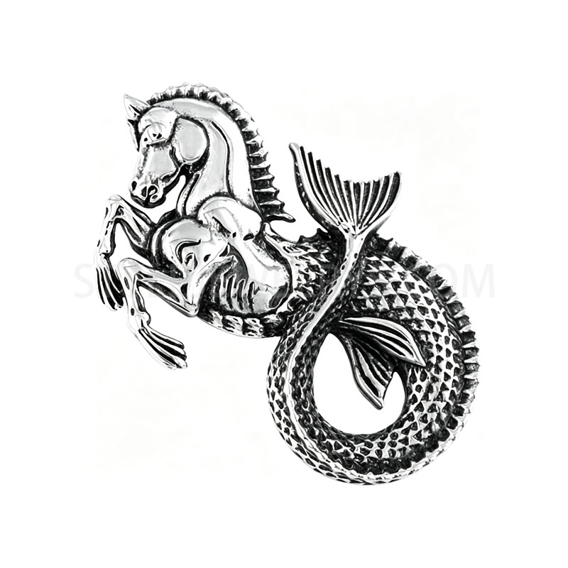 3D Sculpted Myth Hippocampus Sea Horse Fish Tail Pendant Antique Oxidized 316L...