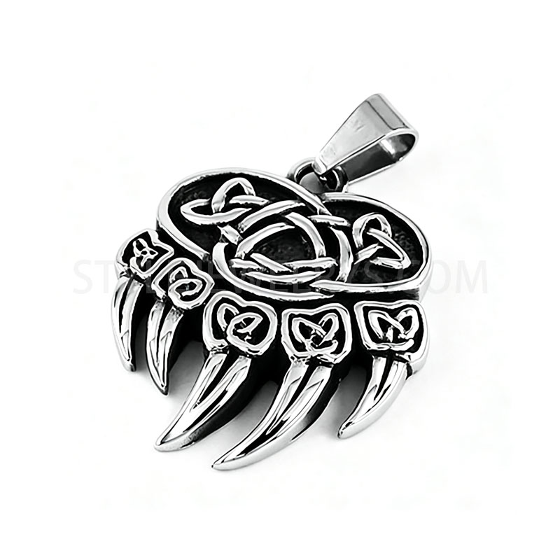 Men 316L Stainless Steel Celtic Knot Bear Paw Claw Pendant Vintage Norse Animal Amulet...