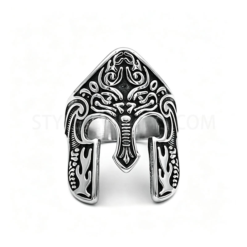 Vintage Carved Warrior Helmet 316L Stainless Steel Open Cut Men Statement Ring