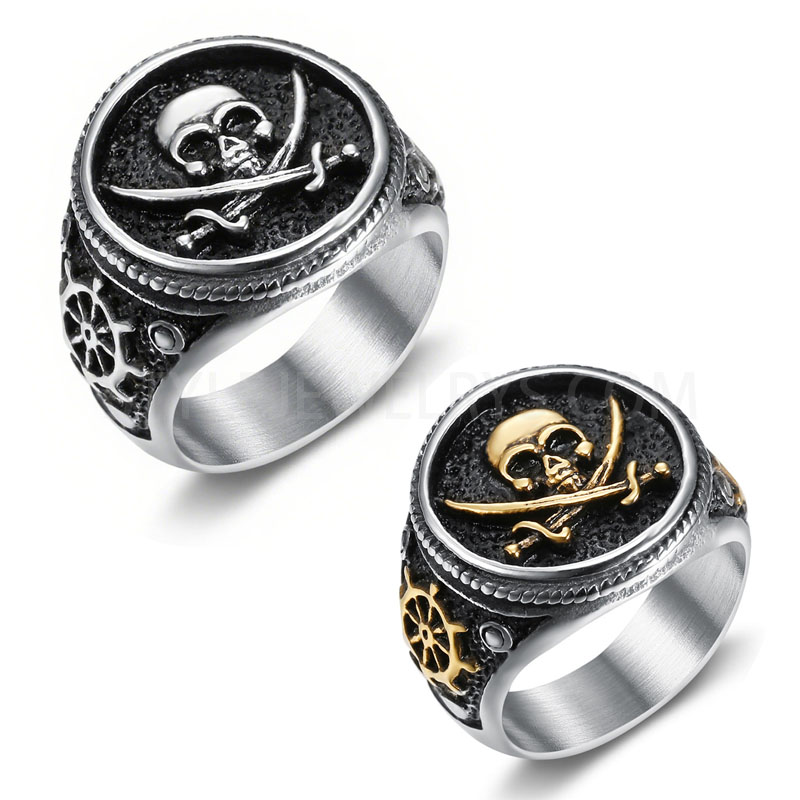 Skull Cross Swords Ship Wheel 316L Stainless Steel Men Statement Ring