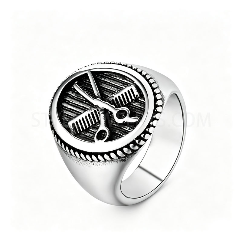 Barber Scissors Comb Engraved 316L Stainless Steel Men Signet Statement Ring