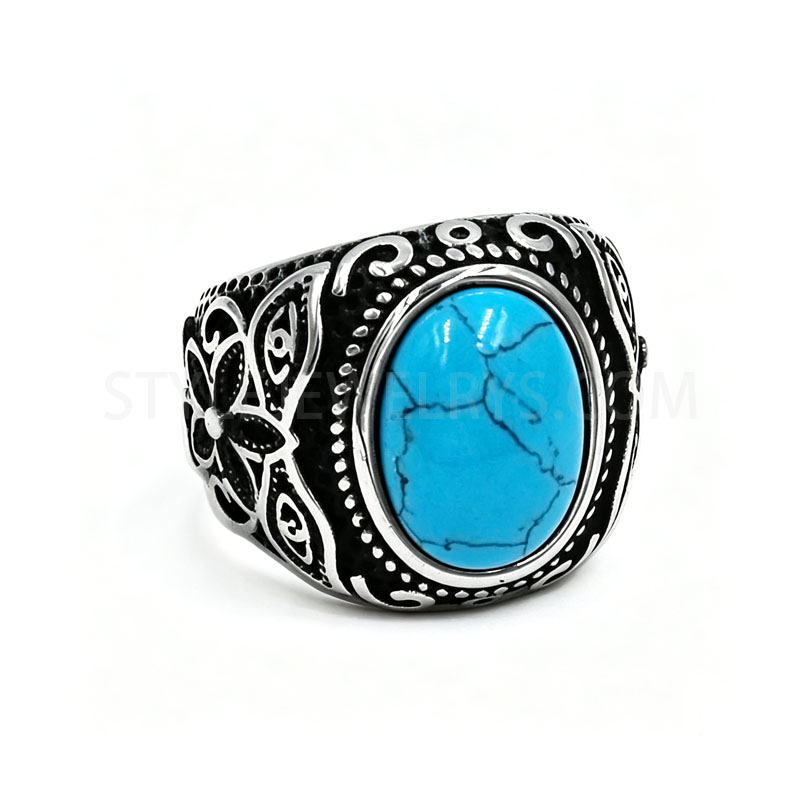 Oval Turquoise Inlaid Floral Engraved 316L Stainless Steel Men\u2019s Signet Ring SWR0990