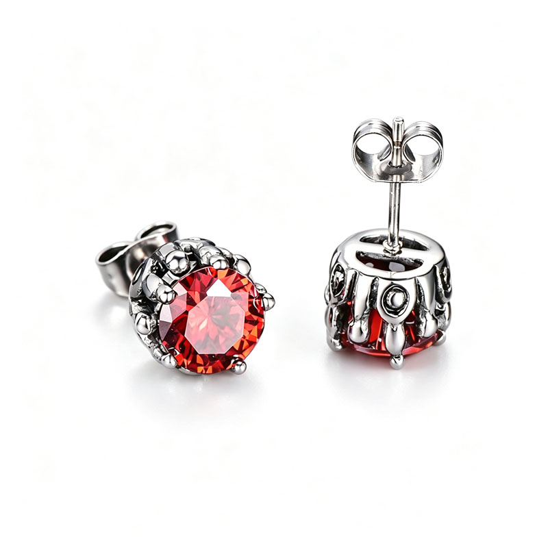 Vintage Stainless Steel Round Red Cubic Zirconia Stud Earrings For Unisex SJE370006