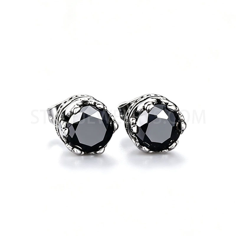 Vintage Stainless Steel Round Black Cubic Zirconia Unisex Stud Earrings SJE370007
