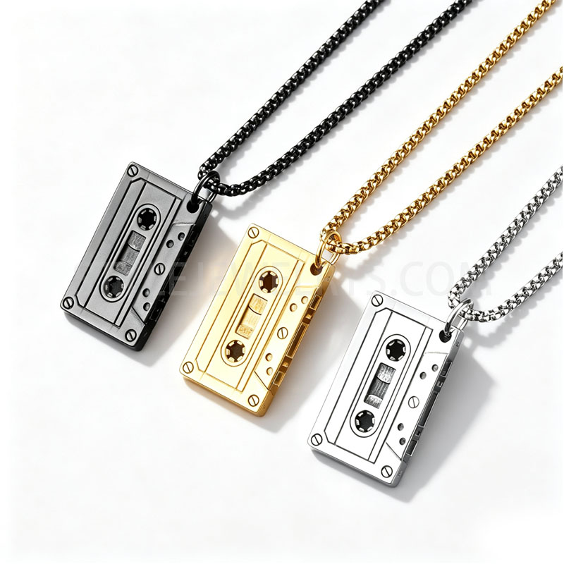 Vintage Cassette Tape Stainless Steel Pendant Necklace | Retro Music Jewelry SWP0720