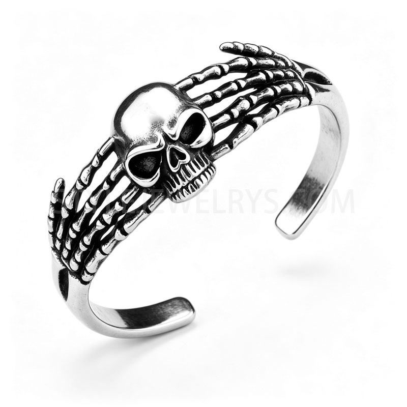Stainless Steel Skull Skeleton Hand Open Cuff Bangle Gothic Punk Bracelet for Men