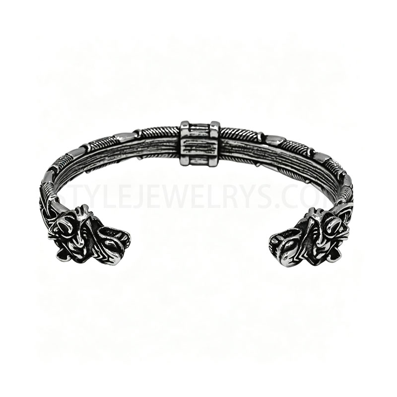 Stainless Steel Viking Wolf Head Open Cuff Bracelet Vintage Norse Bracelet for Men SJB0010