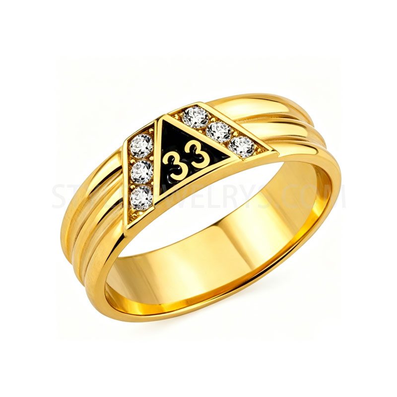 Gold\u2011Toned Stainless Steel Triangle Number 33 Signet Ring with Crystal Accents for Men SMR0023
