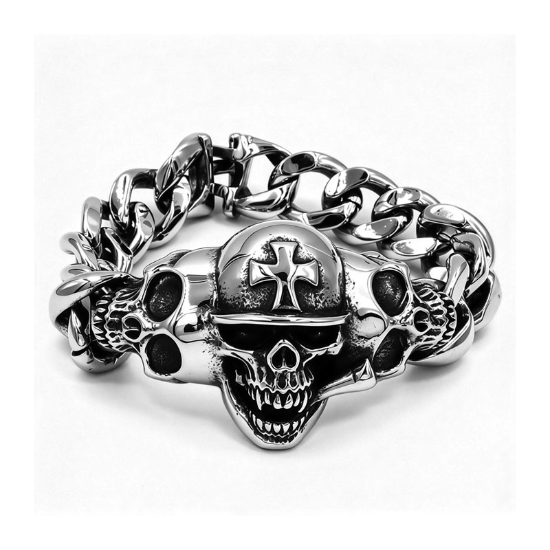 Stainless Steel Multi Skull Cross Thick Curb Chain Bracelet for Men