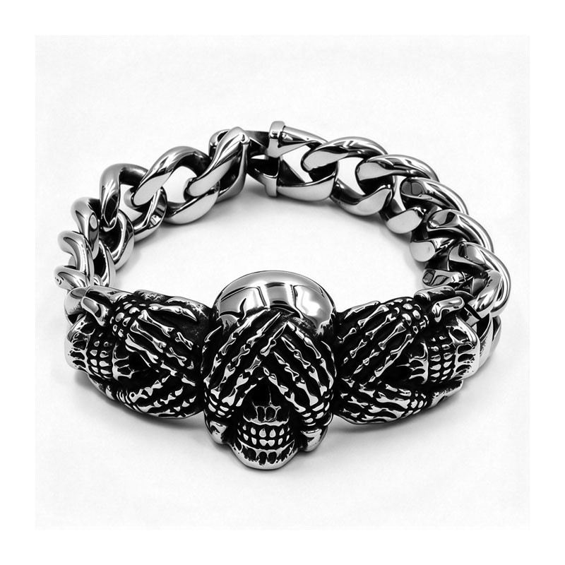Stainless Steel Multi Skull Sculpture Thick Curb Chain Bracelet for Men