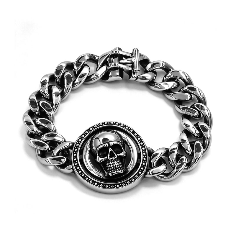 Stainless Steel Round Medallion Skull Thick Curb Chain Bracelet for Men