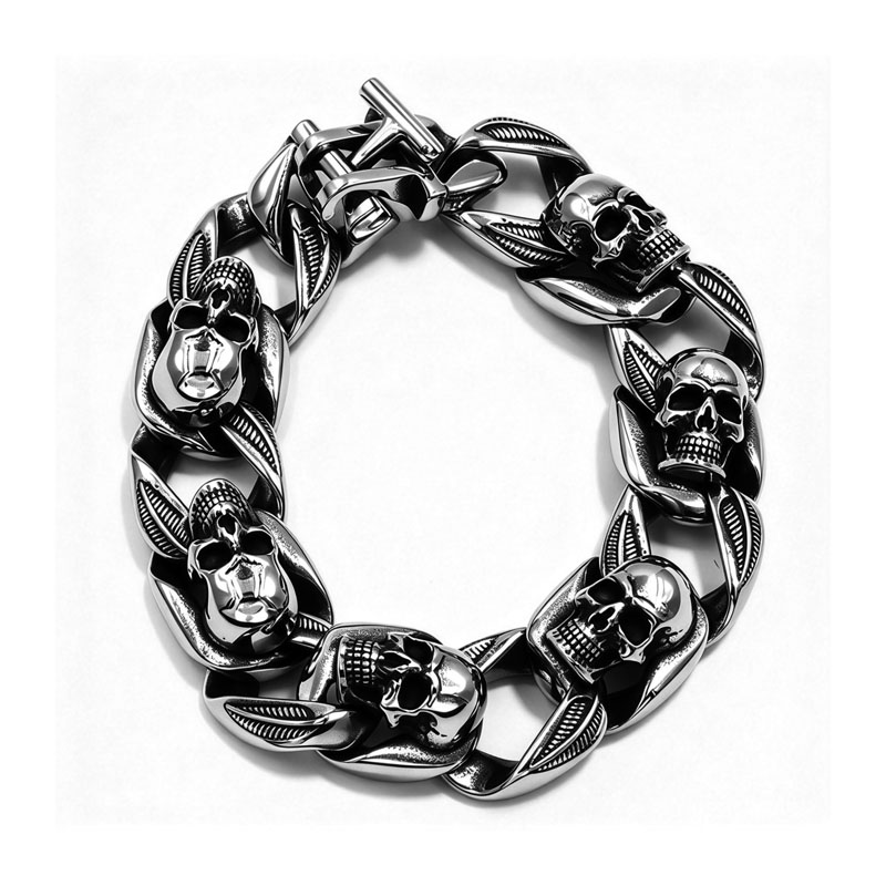 Stainless Steel Interlinked Multi Skull Leaf Thick Curb Chain Bracelet for Men
