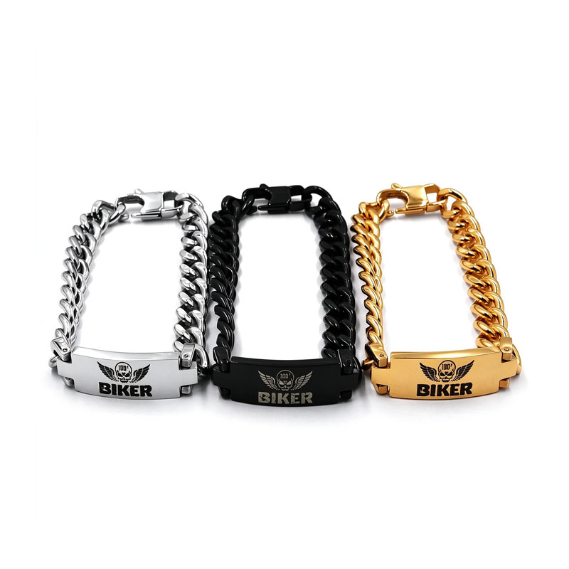 Stainless Steel Biker Wing Skull Engraved Bar Curb Chain Bracelet for Men