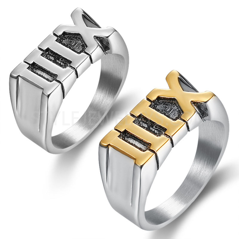3D Cutout Roman Numerals XIII Number 13 Wide Band 316L Stainless Steel Signet Ring Two...