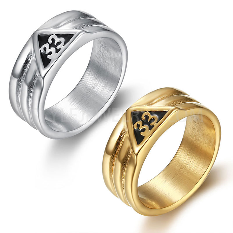 Embossed Triangle Number 33 Black Enamel Grooved Wide Band 316L Stainless Steel...