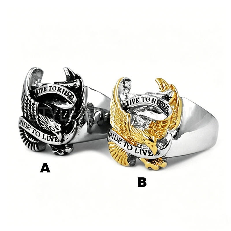 Vintage 3D Carved Eagle Banner Live to Ride Slogan Wide Band 316L Stainless Steel Men...