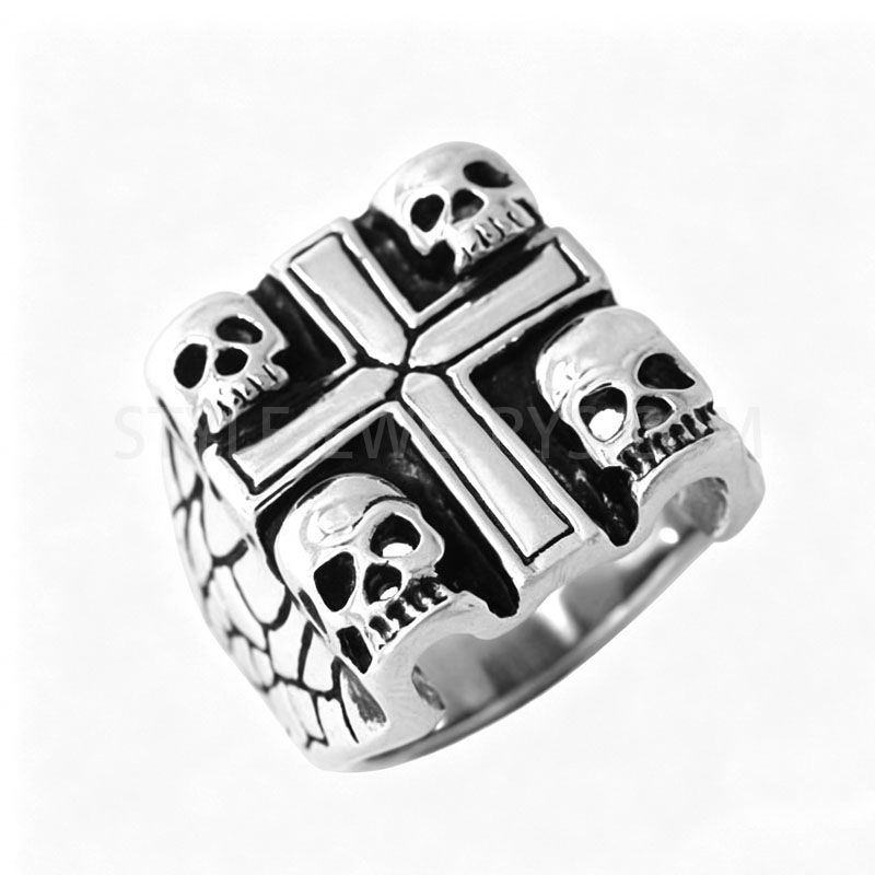 Vintage Black Oxidized Four Skulls Cross Scale Engraved 316L Stainless Steel Gothic...