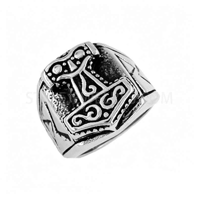 Viking Hammer Rune Engraved 316L Stainless Steel Men\u2019s Statement Signet Ring