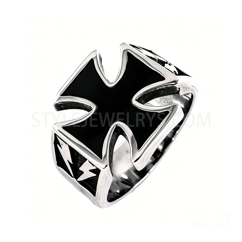 Geometric Cross Inlaid Black Enamel Lightning Engraved 316L Stainless Steel Men\u2019s...