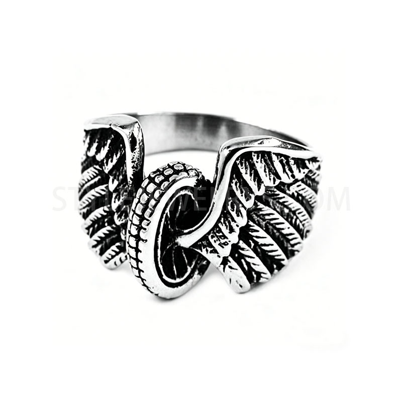 Vintage Winged Motorcycle Tire Stainless Steel Biker Ring